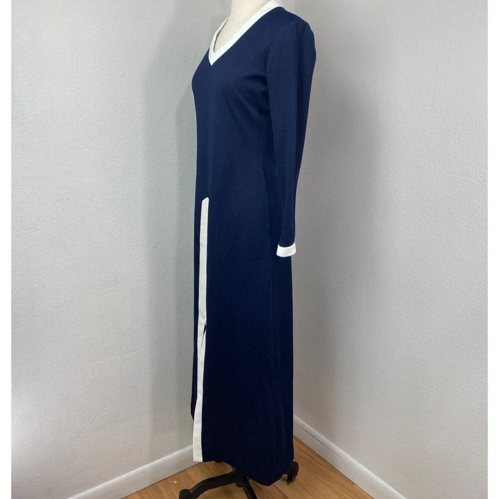 Vintage 70s Navy Blue Ribbed Knit Maxi Dress White Trim Med Dark Academia Boho